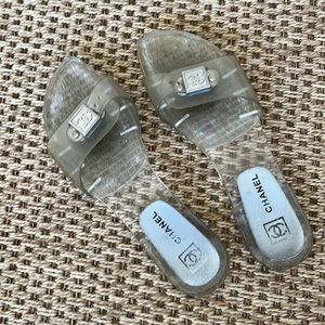 Chanel clear plastic flat slides/sandals with silver details